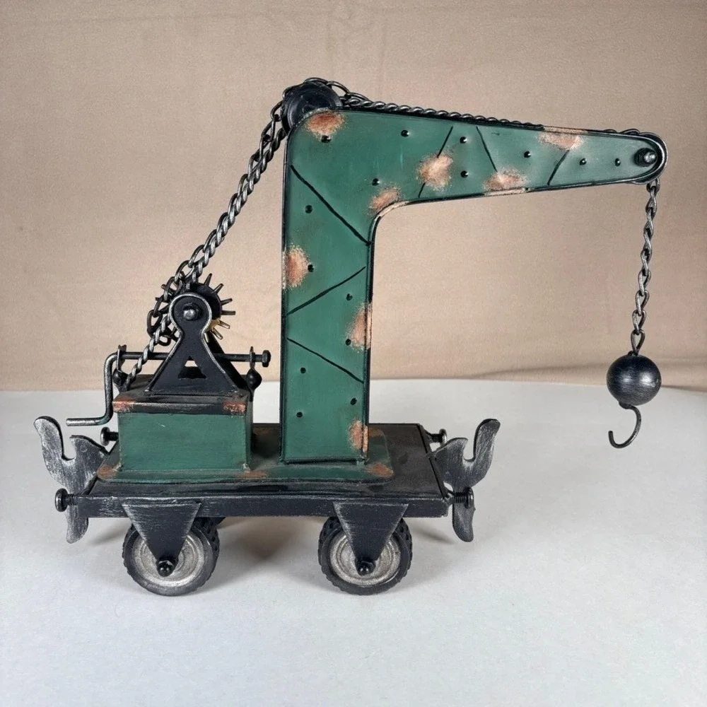 Vintage Style Metal Crane Railway Car Industrial Decorative Model Green Black